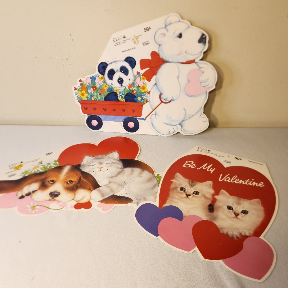 Three Vintage "Cleo" Gibson Valentines Day Die Cut Decorations Animals Unused